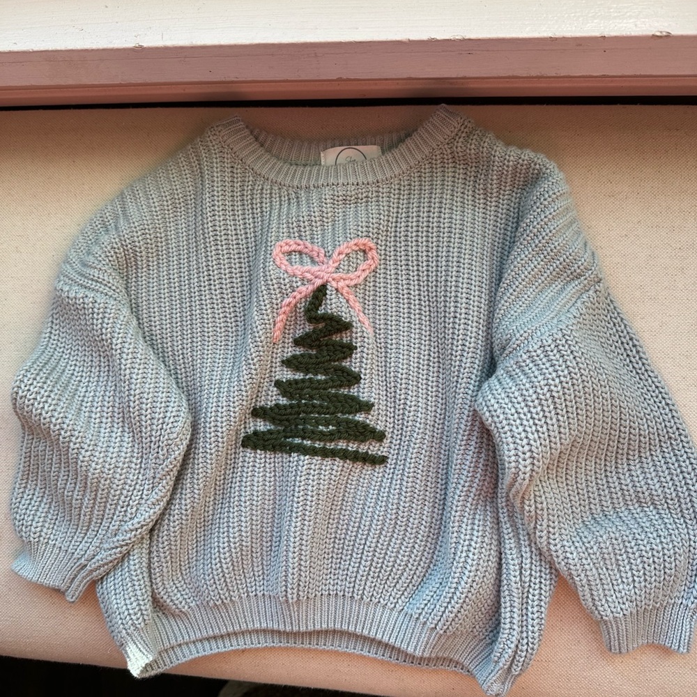 Light Blue Knit Sweater with Green Tree and Pink Bow